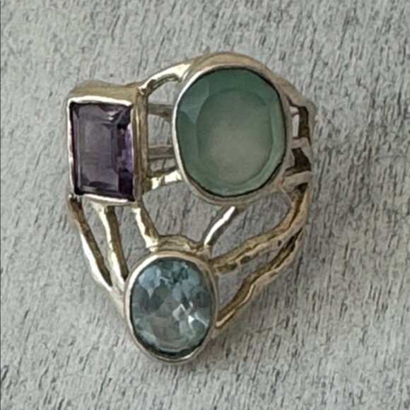 925 Sterling Silver Lacy Bezel Ring 3 Gemstones Purple, Blue & Aqua India Sz.7 - Picture 15 of 16